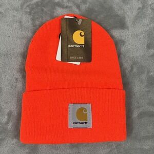 Carhartt Hat‎ Beanie Cuffed Knit Mens One Size Bright Orange Acrylic Watch A18